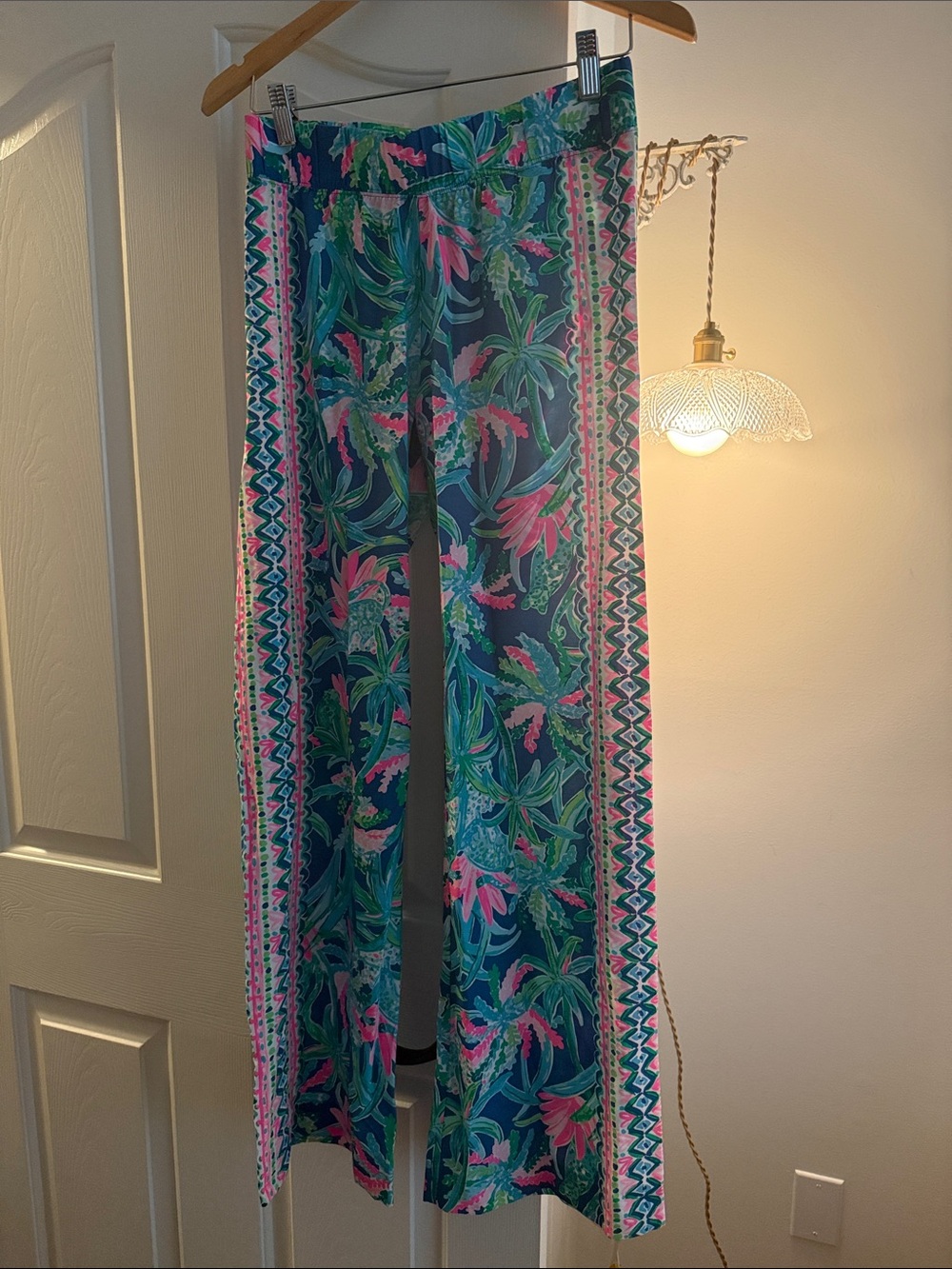 Lilly Pulitzer Navy Tropical Wide-Leg Pants with Pink & Green Print